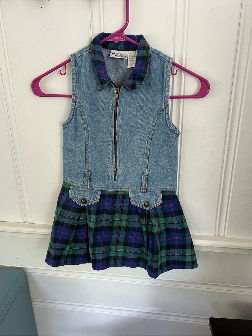 Girls Vintage Denim & Plaid Zip-Front Dress with Green Blue Tartan